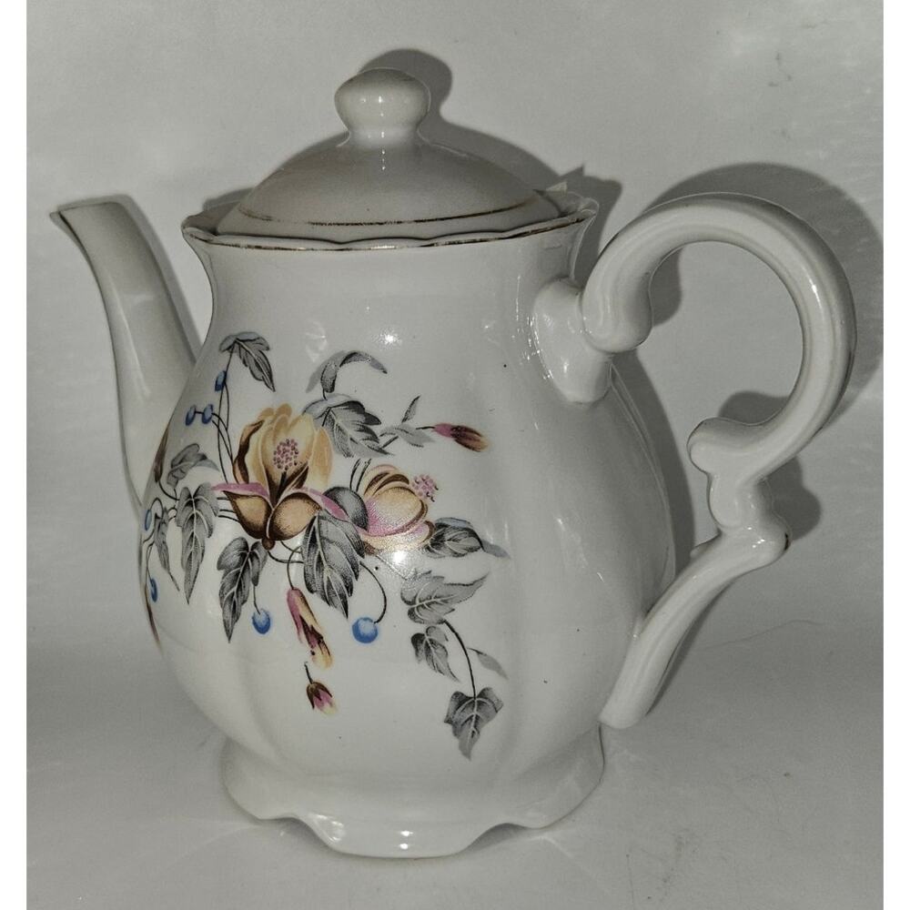Vintage Japan Porcelain Coffee Pot Floral Gold Trim White Teapot